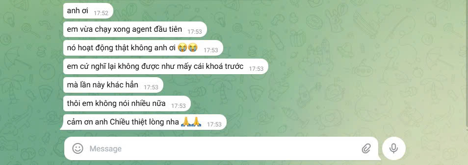 Feedback học viên - agent đầu tiên chạy thật không